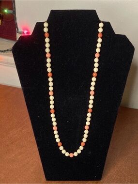 Vintage Signed Napier Cream and Coral Bead Necklace - Women Jewelry